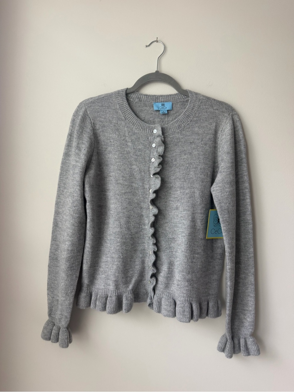 CeCe Light Gray Ruffle-Trim Knit Cardigan